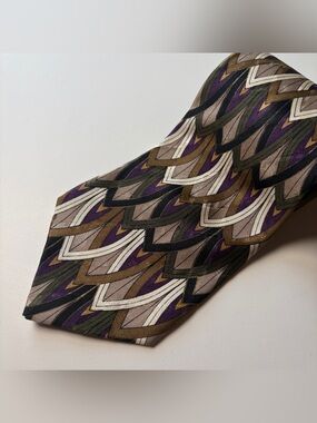 Vintage Martin Wong XL Silk Tie Geometric Abstract Feather Pattern